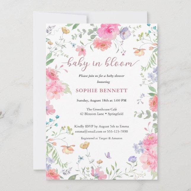 Baby i inbjudan till blommigt om vattenfärgen i Bl (Framsida)