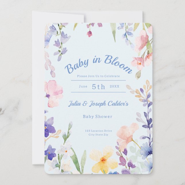 Baby i inbjudan till Bloom Wildblomma Baby Shower (Framsida)