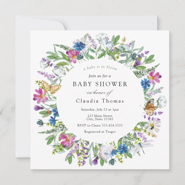 Baby i inbjudan till Bloom Wildblomma Baby Shower (Framsida)