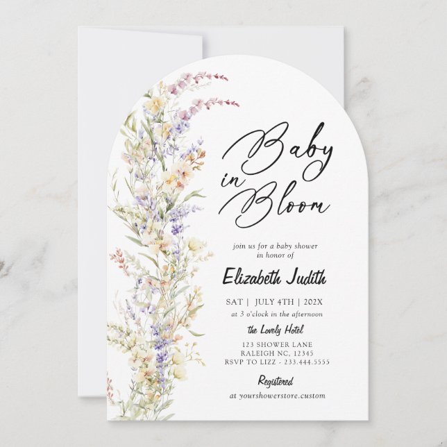 Baby i inbjudan till Bloom Wildblomma Baby Shower (Framsida)