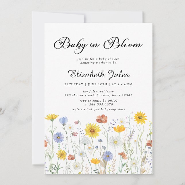 Baby i inbjudan till Bloom Wildblomma Baby Shower (Framsida)