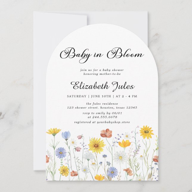 Baby i inbjudan till Bloom Wildblomma Baby Shower (Framsida)