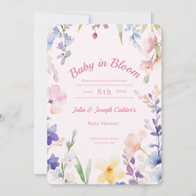 Baby i inbjudan till Bloom Wildblomma Baby Shower (Framsida)