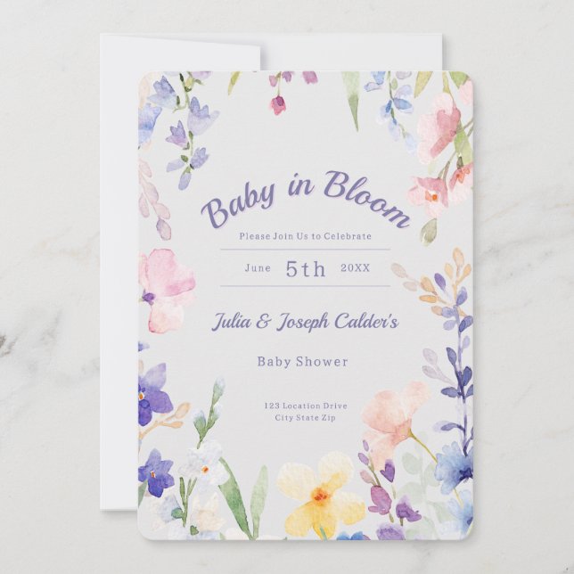 Baby i inbjudan till Bloom Wildblomma Baby Shower (Framsida)