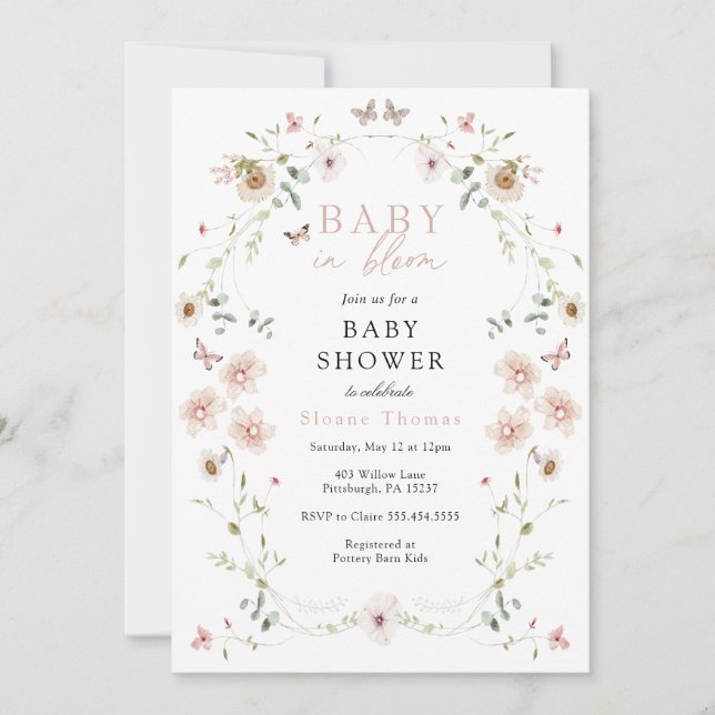 Baby i inbjudan till Bloom Wildblomma Baby Shower (Framsida)