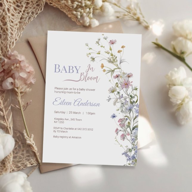 Baby i inbjudan till Bloom Wildblomma Baby Shower (Baby in Bloom Wildflower Baby Shower Invitation)