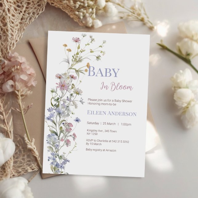 Baby i inbjudan till Bloom Wildblomma Baby Shower (Baby in Bloom Wildflower Baby Shower Invitation)