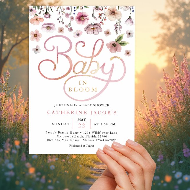 Baby i inbjudan till Bloom Wildblomma Baby Shower  (Wildflower Baby Shower)