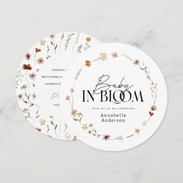 Baby i inbjudan till blooms jokerdusch för blommor (Fram/baksida)