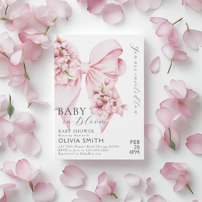 Baby i inbjudan till Rosa Bow Baby Shower i bloom (Skapare uppladdad)