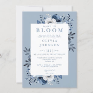 Baby I Knopp Blå Blommig All In One Baby Shower Inbjudningar