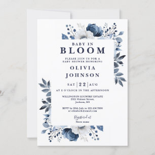 Baby I Knopp Blå Blommig Allt I Ett Baby Shower Inbjudningar