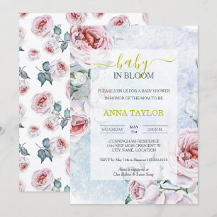 Baby i knopp Elegant Blå Blommig Bebis Shower Inbjudningar