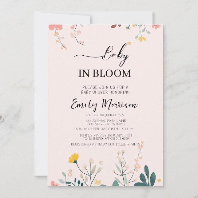 Baby i knopp och blommor baby shower inbjudningar (Framsida)