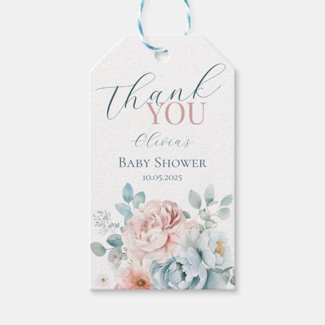 Baby i Märkrn Bloom Dusty Blue Baby Shower Gift Presentetikett (Framsidan)