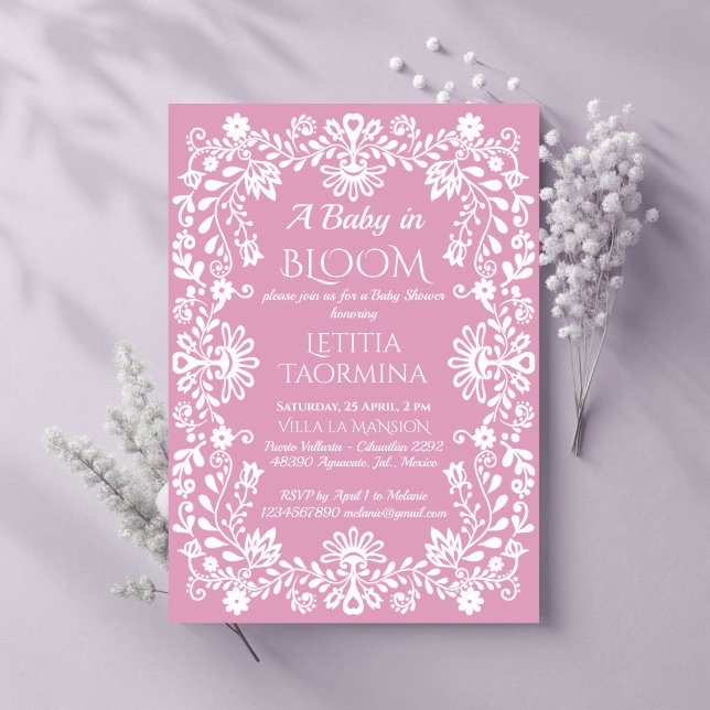 Baby i rosa av damm i blodet, mexikansk babydusch inbjudningar (Baby in bloom dusty pink Mexican baby shower Invitation cards template pink baby girl invites)