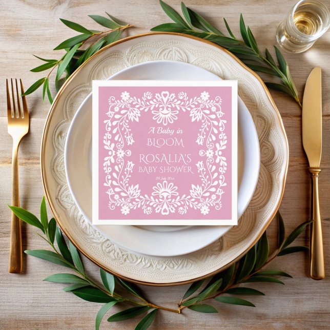 Baby i rosa av damm i blodet, mexikansk babydusch pappersservett (Baby in bloom dusty pink Mexican Cielito lindo baby shower printed Napkins personalized table decor)