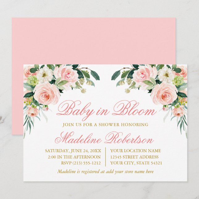 Baby i Rosa av vit Blommigt i vattenfärgen Bloom W Inbjudningar (Fram/baksida)