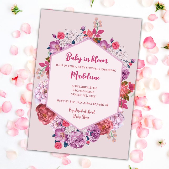 Baby i Rosa Blommigt av blod Utandningsskugga för  Inbjudningar (Baby In Bloom Pink Floral Wreath Baby Shower Invitation)