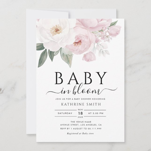 baby i rosa blommigt babydusch i bloom inbjudningar (Framsida)