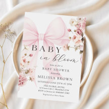 Baby i Rosa Bow Baby Shower-inbjudan för bloom