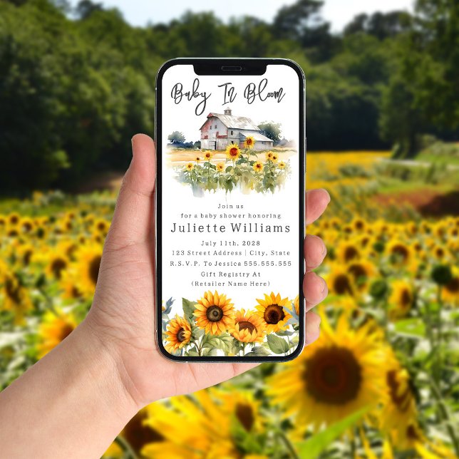 Baby i solrosburk av blomma av rostfritt babyskor inbjudningar (Skapare uppladdad)