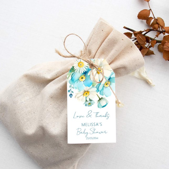 Baby i vår i blomstrande babyduschmunkar för somma presentetikett (Baby in bloom spring summer baby shower favors gift tags thank you favor tags wildflower daisy )