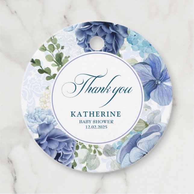 Baby i vattenfärgen blommigt blå babydusch gåvor etiketter (Framsida)