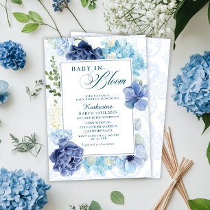 Baby i vattenfärgen blommigt blå babydusch inbjudningar