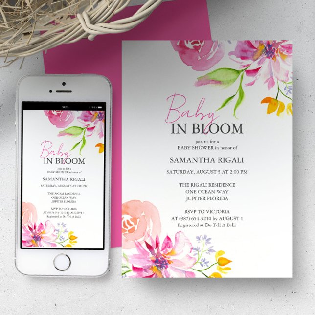 Baby i vattenfärgshöljet för Blommigt i blomma Inbjudningar (Baby in bloom baby shower invite order printed cards or a digital download by Victoria Grigaliunas)