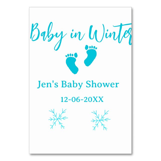 Baby i Winter babydusch blå baby fötter snöflak Bordsnummer (Framsidan)