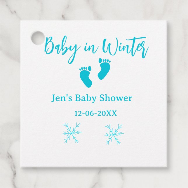 Baby i Winter babydusch blå baby fötter snöflak Gåvor Etiketter (Framsida)