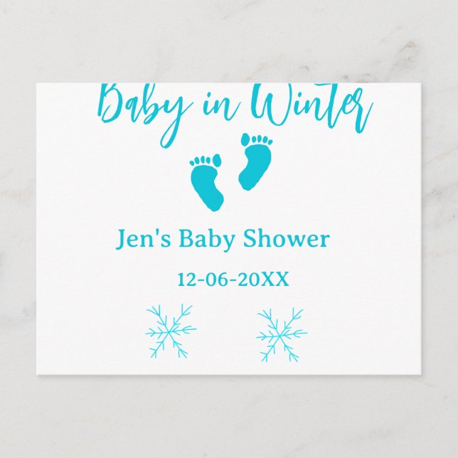 Baby i Winter babydusch blå baby fötter snöflak Helg Vykort (Framsida)