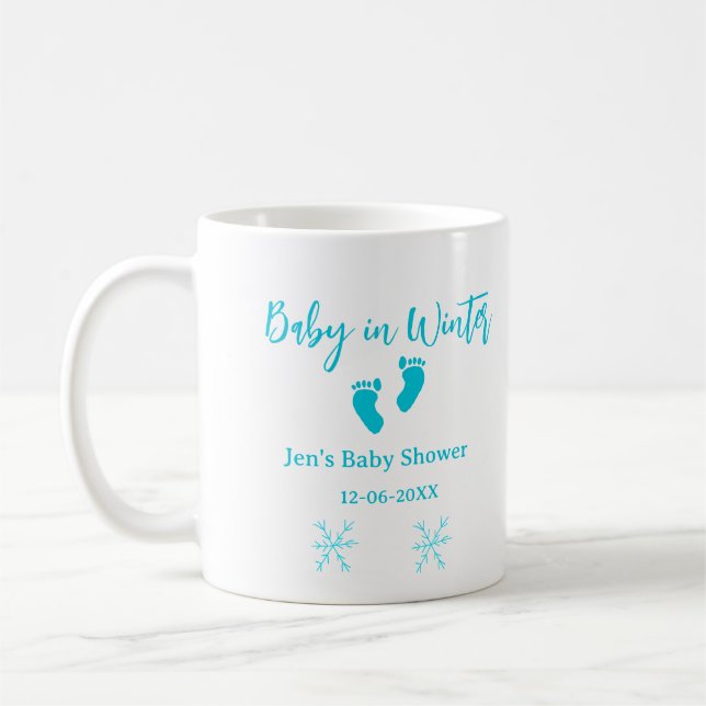 Baby i Winter babydusch blå baby fötter snöflak Kaffemugg (Vänster)