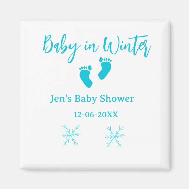 Baby i Winter babydusch blå baby fötter snöflak Magnet (Framsidan)
