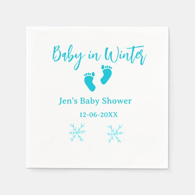 Baby i Winter babydusch blå baby fötter snöflak Pappersservett (Framsidan)