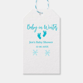 Baby i Winter babydusch blå baby fötter snöflak Presentetikett