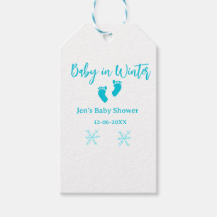 Baby i Winter babydusch blå baby fötter snöflak Presentetikett