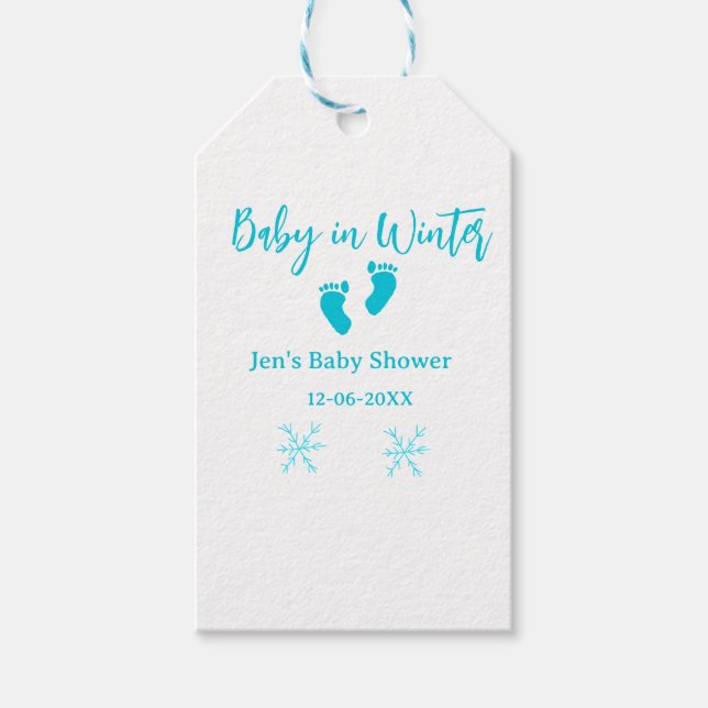Baby i Winter babydusch blå baby fötter snöflak Presentetikett (Framsidan)