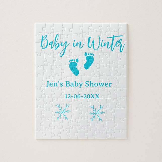 Baby i Winter babydusch blå baby fötter snöflak Pussel (Vertikal)