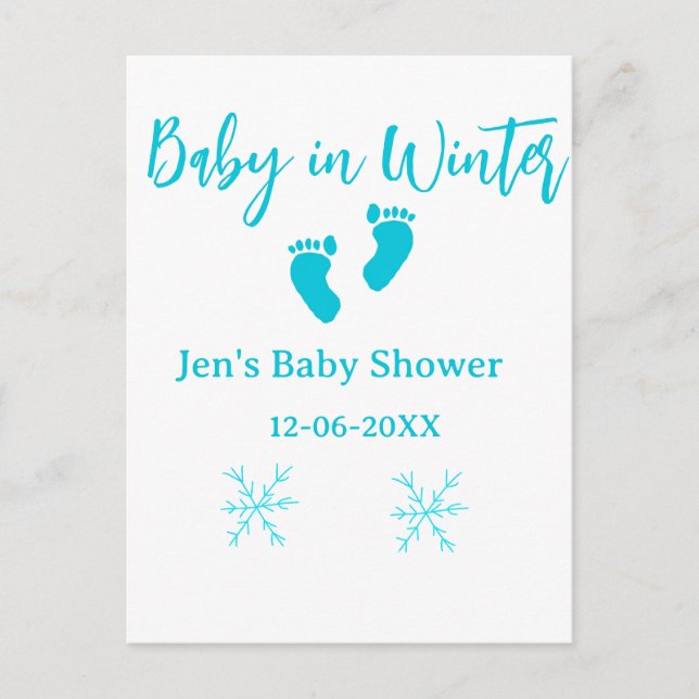 Baby i Winter babydusch blå baby fötter snöflak Vykort (Framsida)