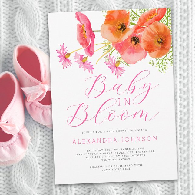 Baby In Bloom Akvarell Orange Rosa Blommig Inbjudningar (Elegant baby in bloom watercolor wildflower pink & orange floral girl baby shower invitation )