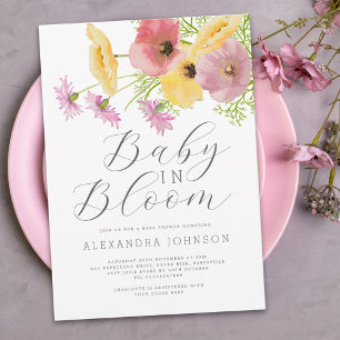 Baby In Bloom Akvarell Rosa Gul Blommig Inbjudningar