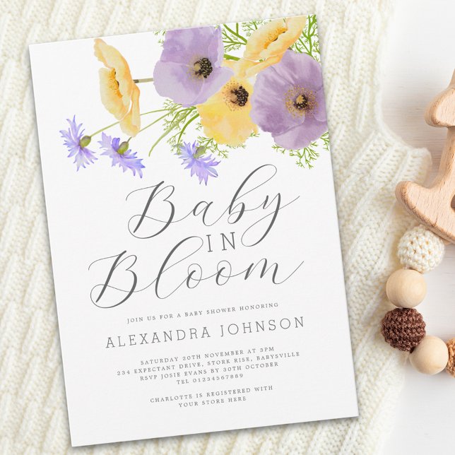 Baby In Bloom Akvarell Vårblommor Inbjudningar (Elegant baby in bloom watercolor yellow purple wildflower floral baby shower invitation )