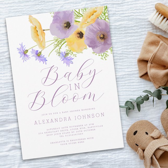 Baby In Bloom Akvarell Vårblommor Inbjudningar (Wildflower baby in bloom gender neutral baby shower invitation Watercolor purple & Yellow flowers)