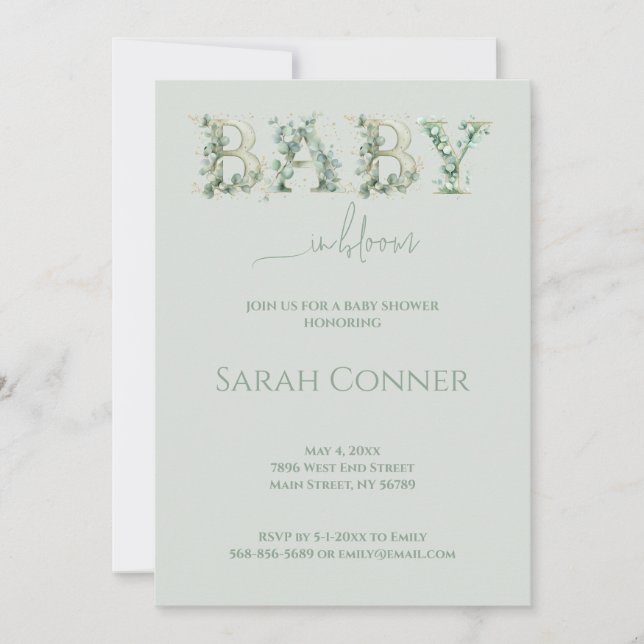 Baby in Bloom Baby Shower Eucalyptus Invitation Inbjudningar (Framsida)