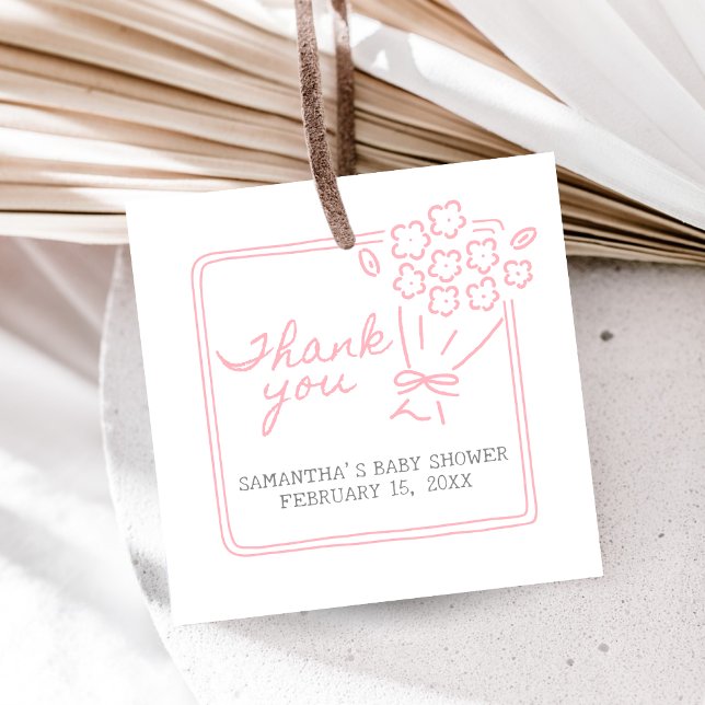 Baby In Bloom Baby Shower Gåvor Etiketter (Hand Drawn Baby in Bloom Baby Shower Square Favor Tags)