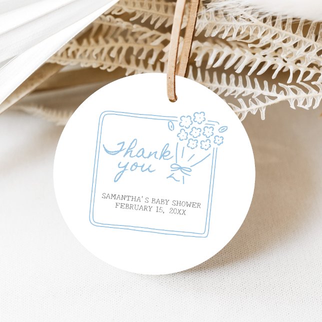 Baby In Bloom Baby Shower Gåvor Etiketter (Blue Hand Drawn Baby in Bloom Baby Shower Favor Tags)