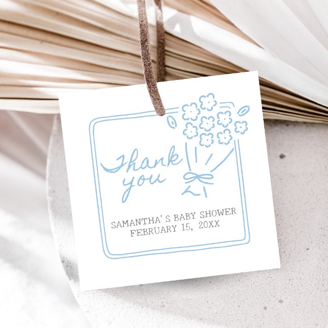 Baby In Bloom Baby Shower Gåvor Etiketter (Blue Hand Drawn Baby in Bloom Baby Shower Favor Tags)