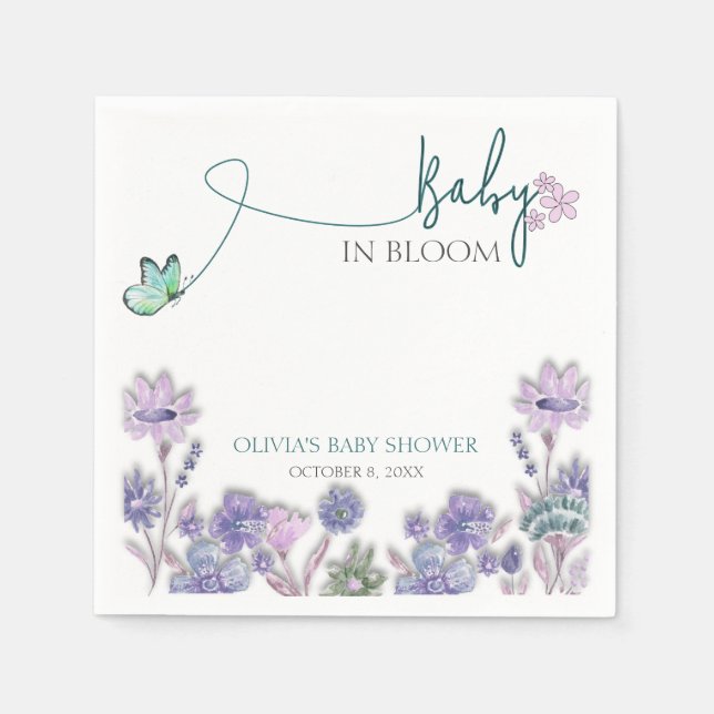 Baby In Bloom -barnkalas Lila Blommig  Pappersservett (Framsidan)